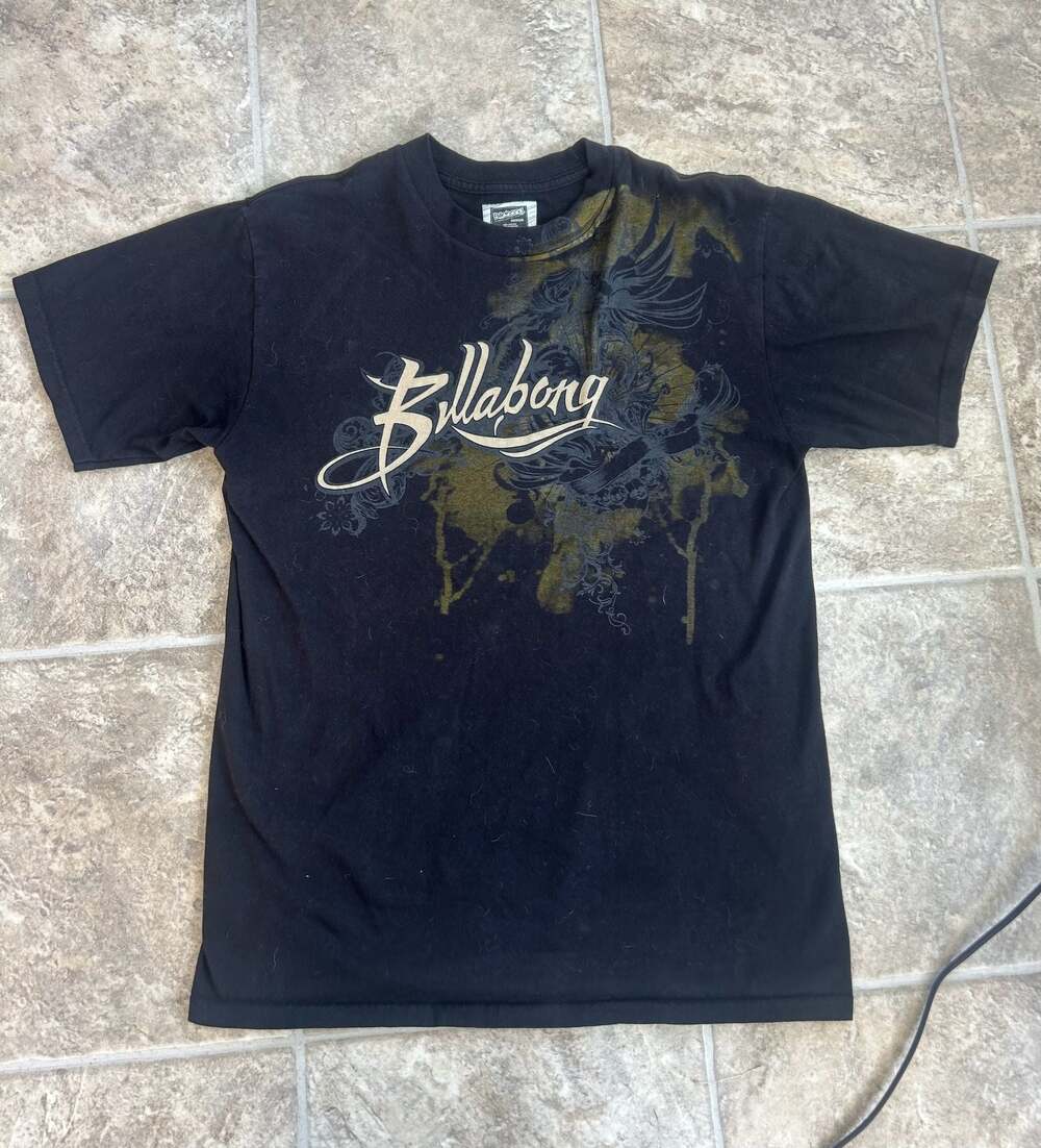 Billabong Graphic T-Shirt Black Gold Splatter Logo Size Medium